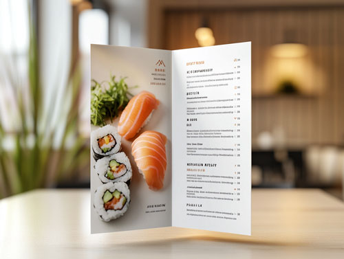 Speisekartendesign Sushi Restaurant mit Makis und Inside-Out