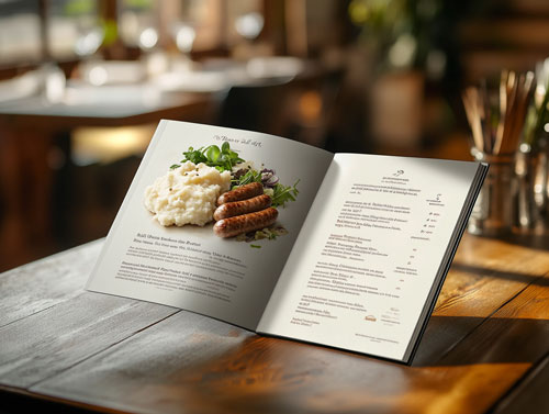 Elegant Speiskekarte für ein traditionelles Wirtshaus mit Bratwurst