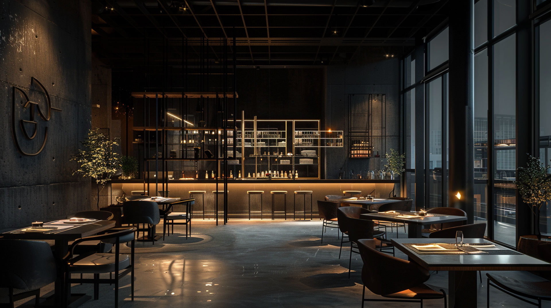 Modernes Restaurant-Interior mit minimalistischer Einrichtung – Beispiel für Speisekarten-Design im Industrial-Stil